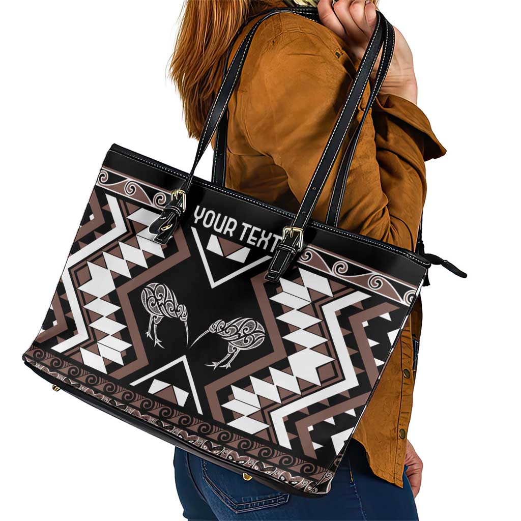 Personalised Taniko Motifs Aotearoa Leather Tote Bag Waitangi Kowhaiwhai Kiwi - Mocha LT7 - Polynesian Pride