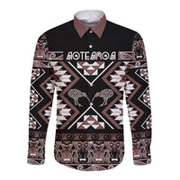 Personalised Taniko Motifs Aotearoa Long Sleeve Button Shirt Waitangi Kowhaiwhai Kiwi - Mocha