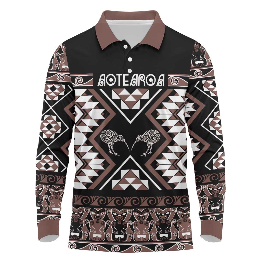 Personalised Taniko Motifs Aotearoa Long Sleeve Polo Shirt Waitangi Kowhaiwhai Kiwi - Mocha