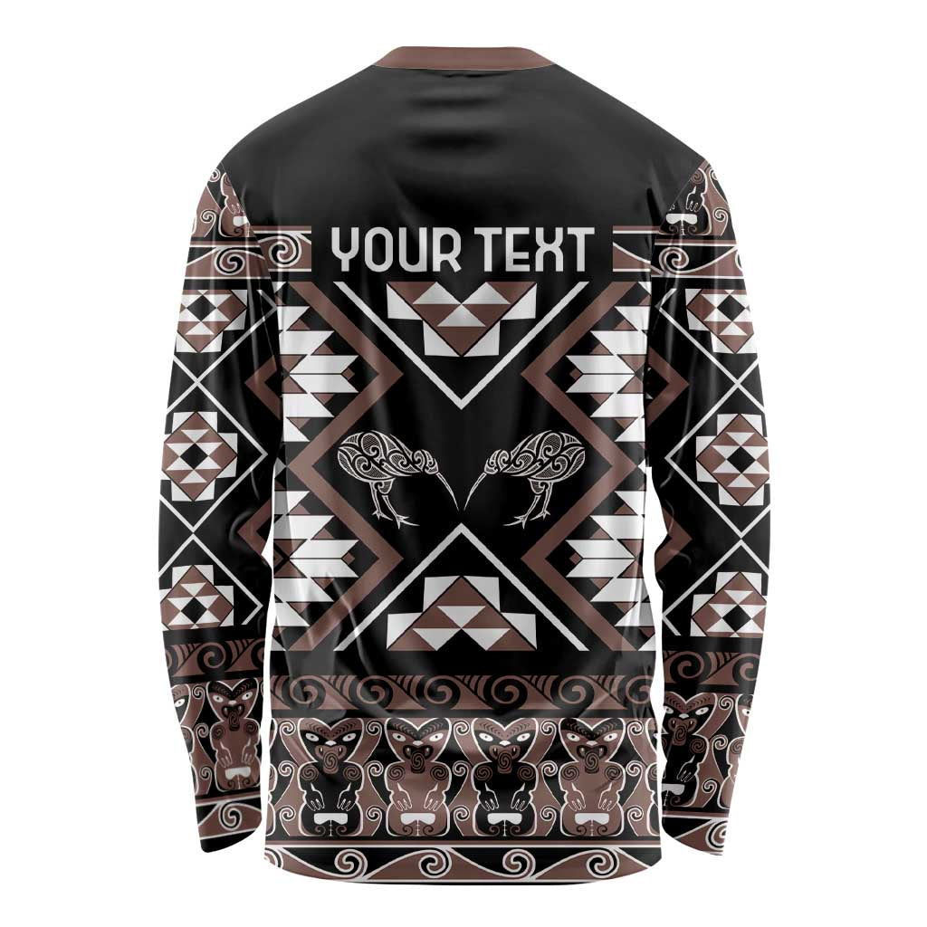 Personalised Taniko Motifs Aotearoa Long Sleeve Shirt Waitangi Kowhaiwhai Kiwi - Mocha