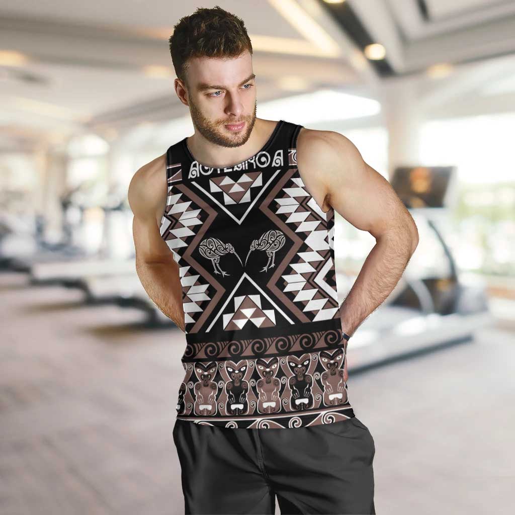 Personalised Taniko Motifs Aotearoa Men Tank Top Waitangi Kowhaiwhai Kiwi - Mocha LT7 Mocha - Polynesian Pride