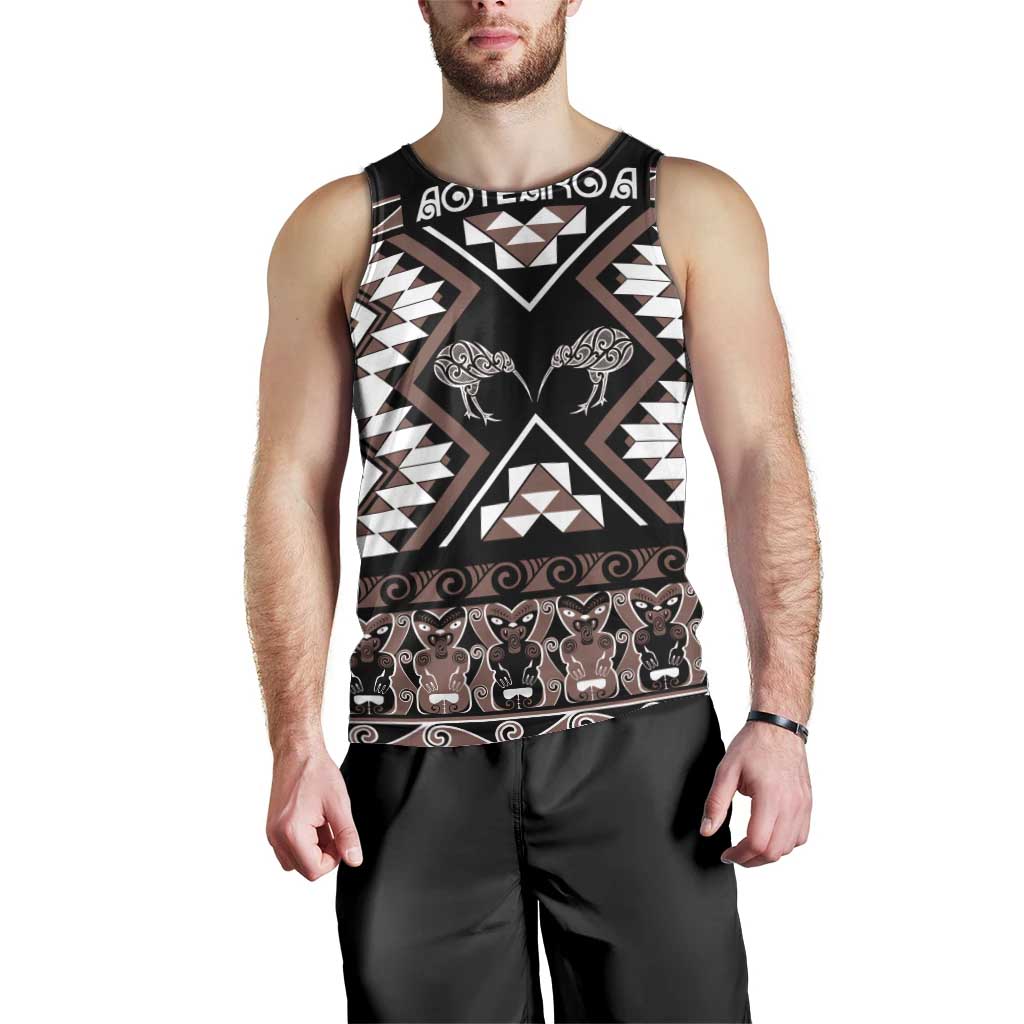 Personalised Taniko Motifs Aotearoa Men Tank Top Waitangi Kowhaiwhai Kiwi - Mocha LT7 - Polynesian Pride