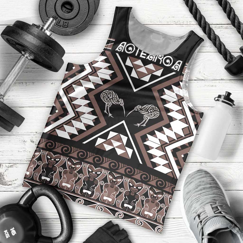 Personalised Taniko Motifs Aotearoa Men Tank Top Waitangi Kowhaiwhai Kiwi - Mocha LT7 - Polynesian Pride