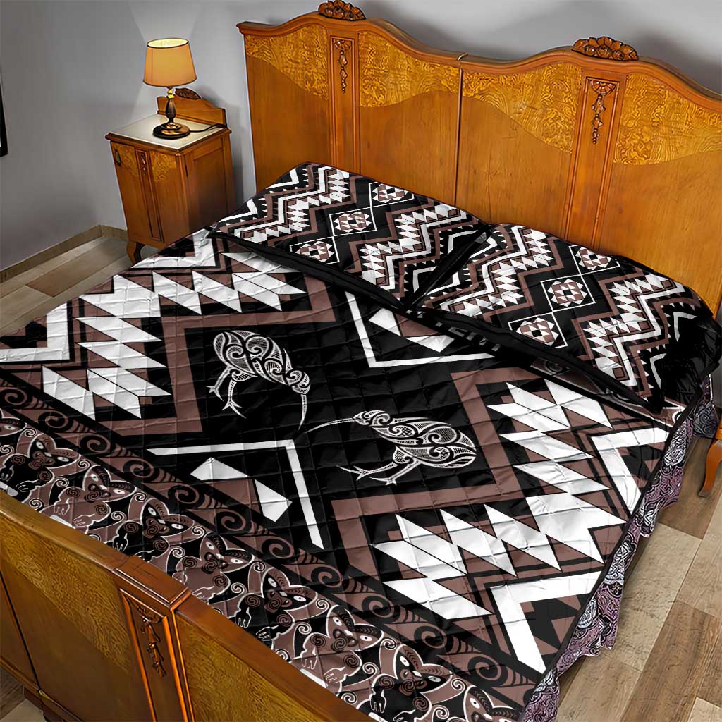 Personalised Taniko Motifs Aotearoa Quilt Bed Set Waitangi Kowhaiwhai Kiwi - Mocha LT7 - Polynesian Pride