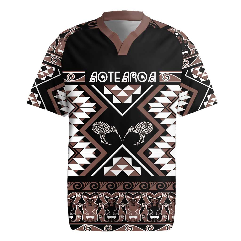 Personalised Taniko Motifs Aotearoa Rugby Jersey Waitangi Kowhaiwhai Kiwi - Mocha