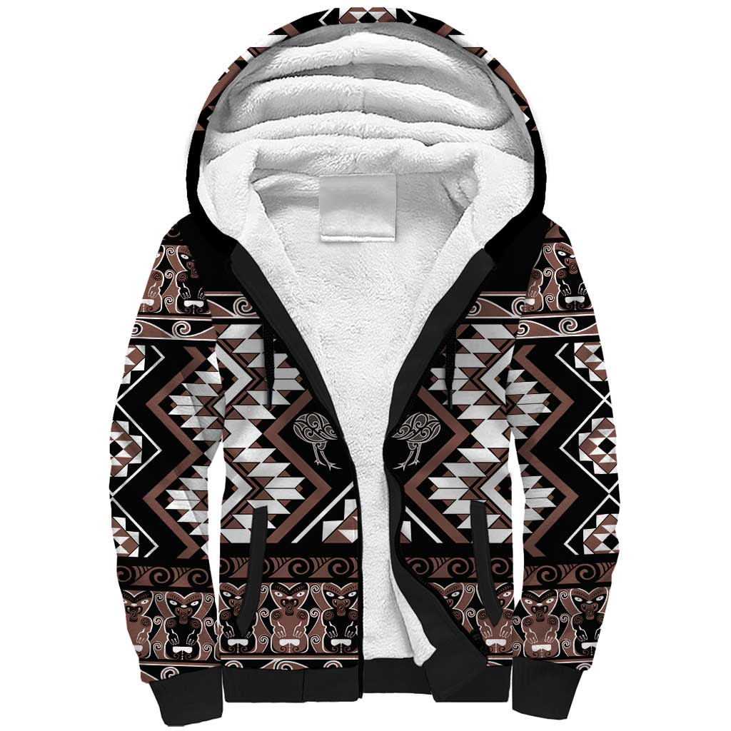 Personalised Taniko Motifs Aotearoa Sherpa Hoodie Waitangi Kowhaiwhai Kiwi - Mocha