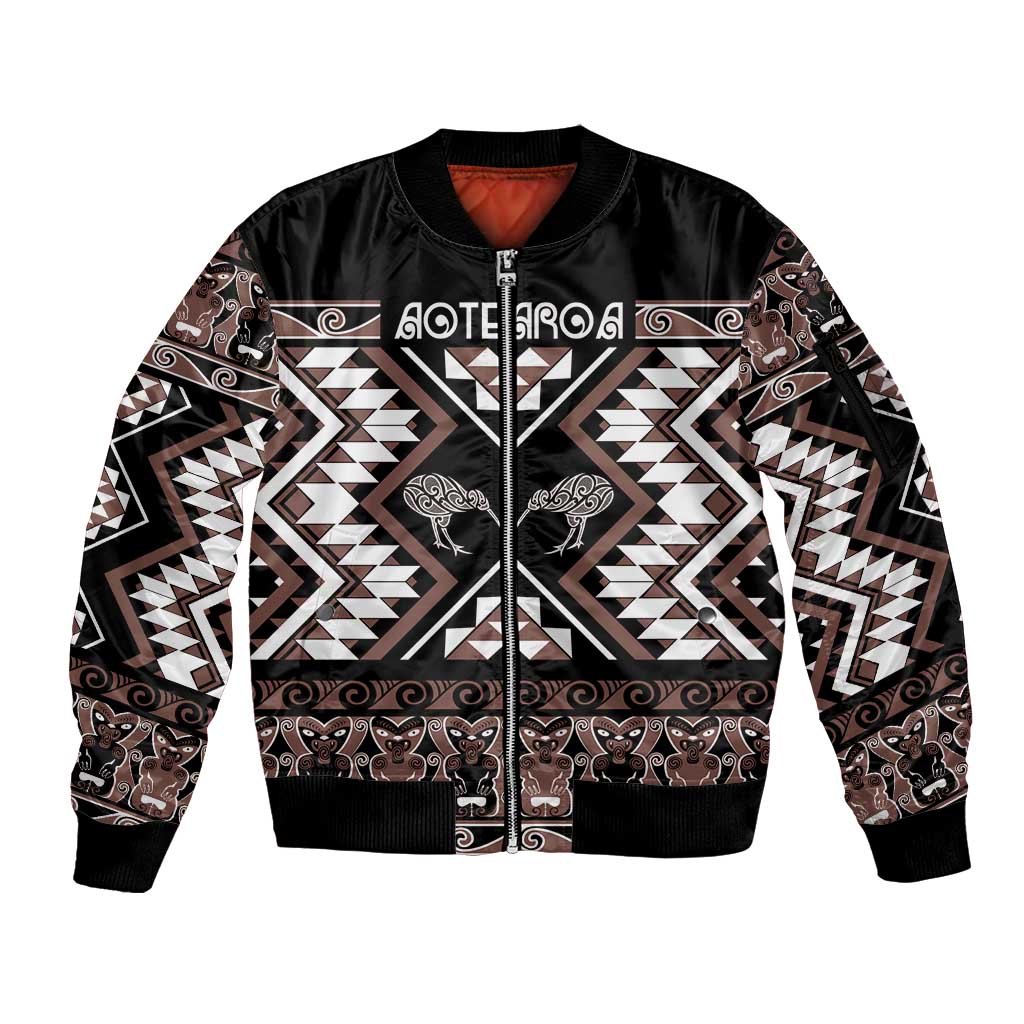 Personalised Taniko Motifs Aotearoa Sleeve Zip Bomber Jacket Waitangi Kowhaiwhai Kiwi - Mocha