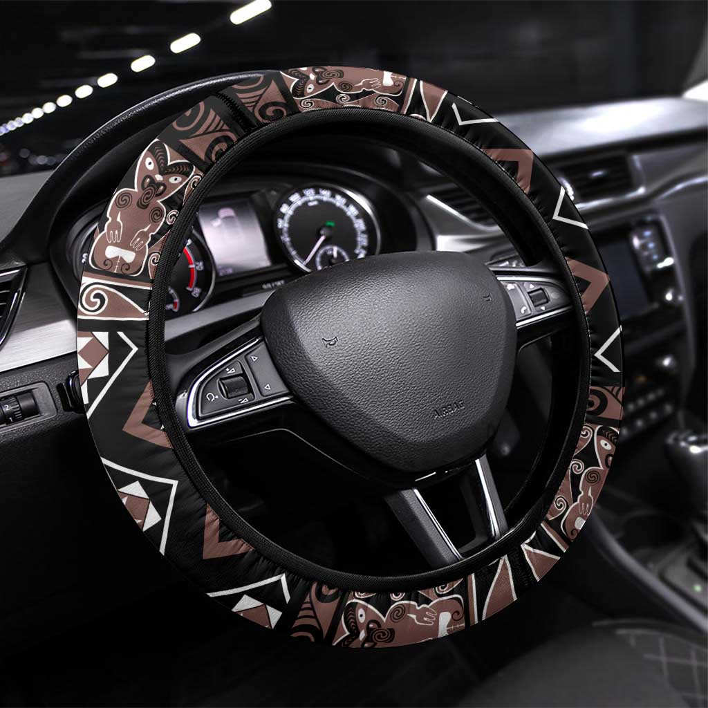 Taniko Motifs Aotearoa Steering Wheel Cover Waitangi Kowhaiwhai Kiwi - Mocha LT7 Universal Fit Mocha - Polynesian Pride