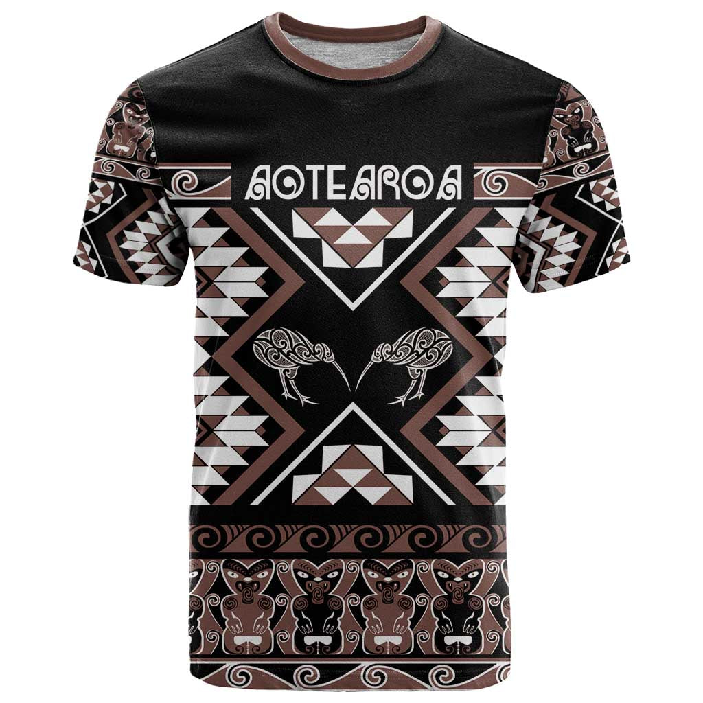 Personalised Taniko Motifs Aotearoa T Shirt Waitangi Kowhaiwhai Kiwi - Mocha