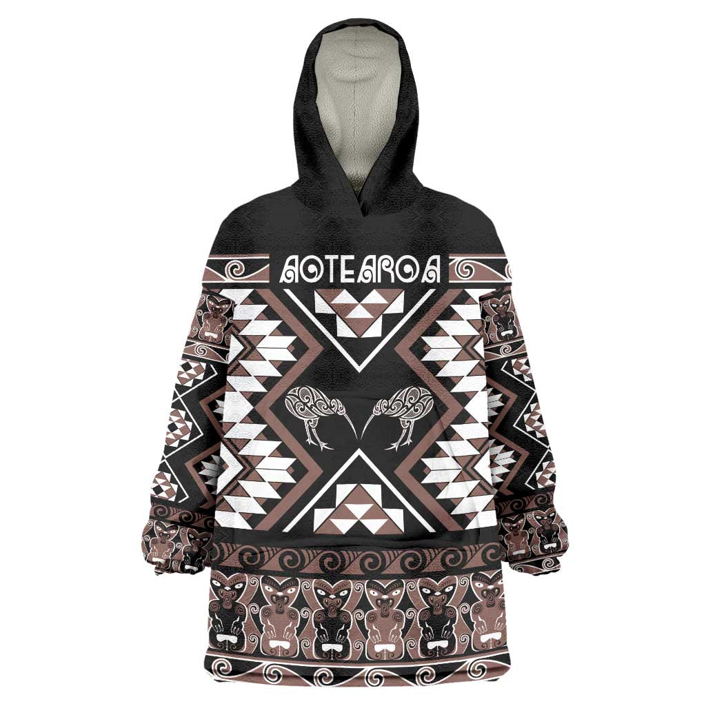 Personalised Taniko Motifs Aotearoa Wearable Blanket Hoodie Waitangi Kowhaiwhai Kiwi - Mocha