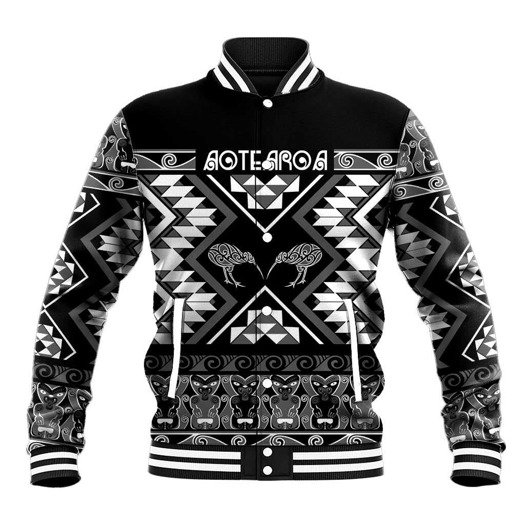 Personalised Taniko Motifs Aotearoa Baseball Jacket Waitangi Kowhaiwhai Kiwi - Monochrome LT7 Unisex Grey - Polynesian Pride