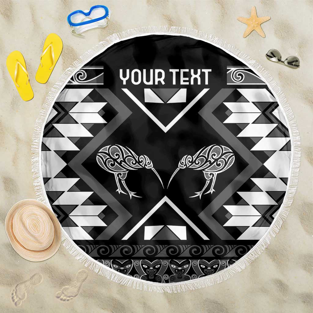 Personalised Taniko Motifs Aotearoa Beach Blanket Waitangi Kowhaiwhai Kiwi - Monochrome