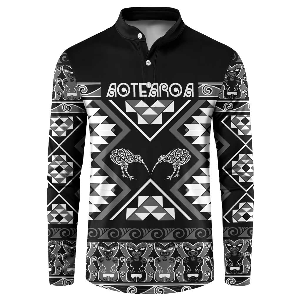 Personalised Taniko Motifs Aotearoa Button Sweatshirt Waitangi Kowhaiwhai Kiwi - Monochrome LT7 Grey - Polynesian Pride