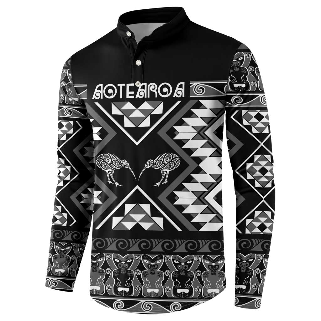 Personalised Taniko Motifs Aotearoa Button Sweatshirt Waitangi Kowhaiwhai Kiwi - Monochrome LT7 - Polynesian Pride