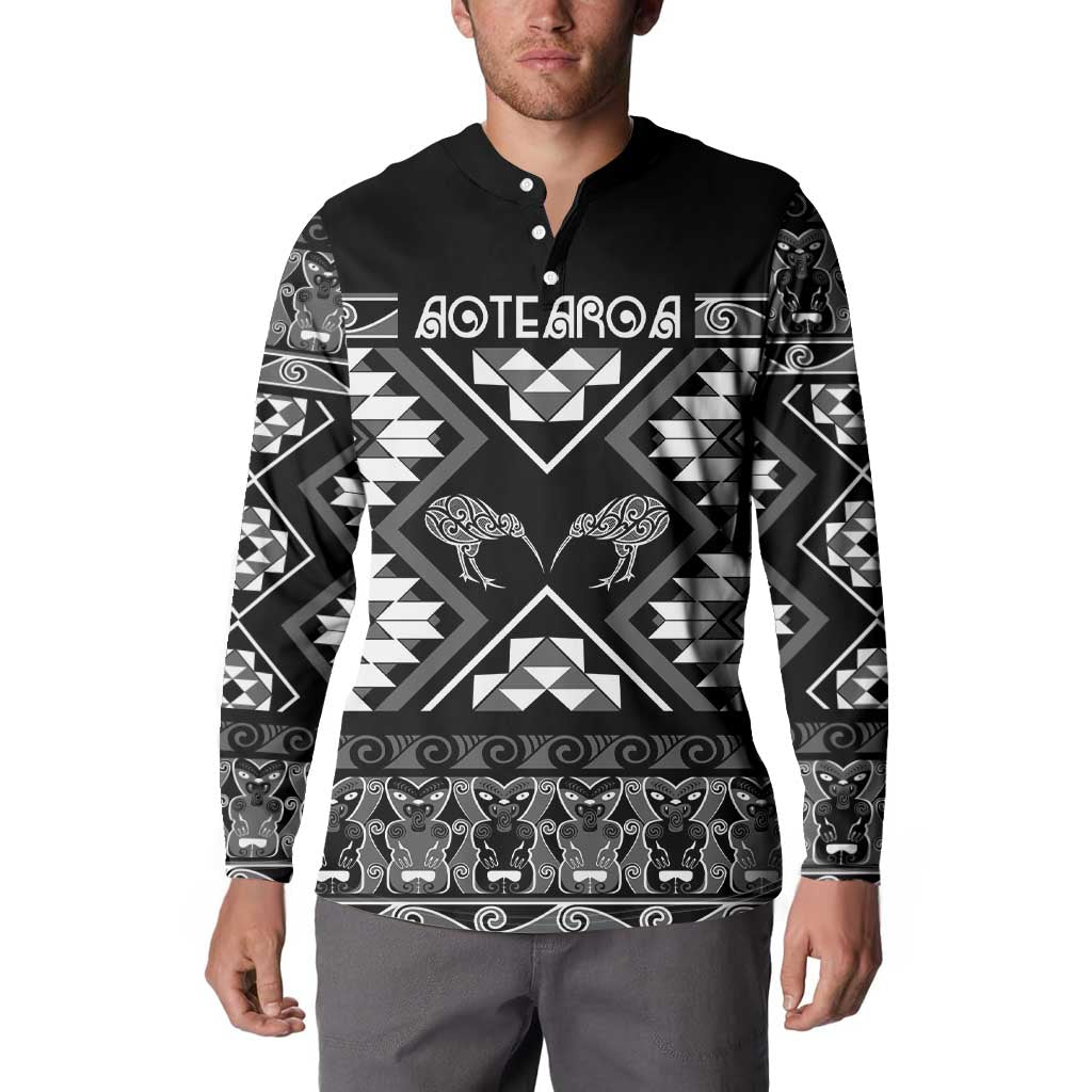 Personalised Taniko Motifs Aotearoa Button Sweatshirt Waitangi Kowhaiwhai Kiwi - Monochrome LT7 - Polynesian Pride