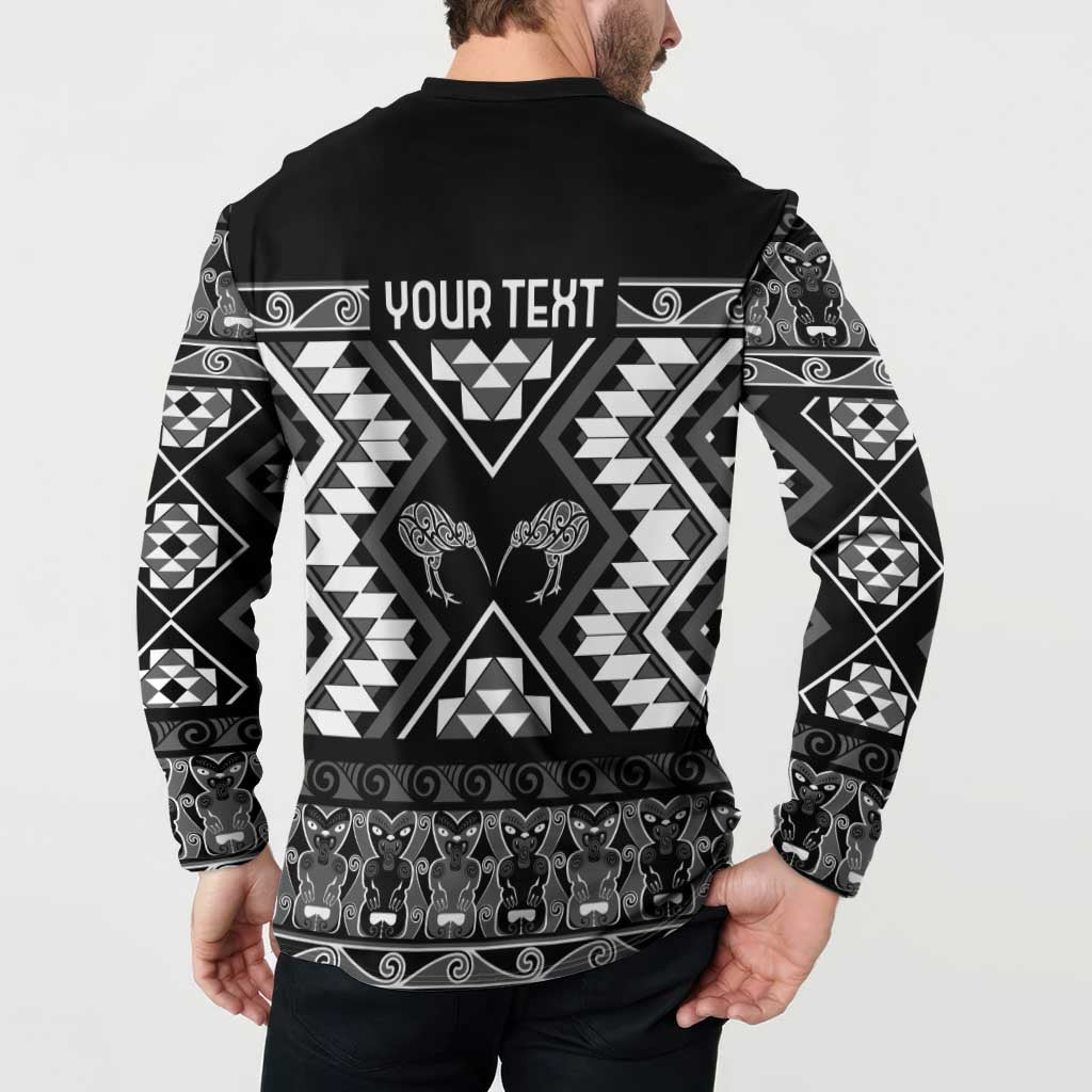 Personalised Taniko Motifs Aotearoa Button Sweatshirt Waitangi Kowhaiwhai Kiwi - Monochrome LT7 - Polynesian Pride