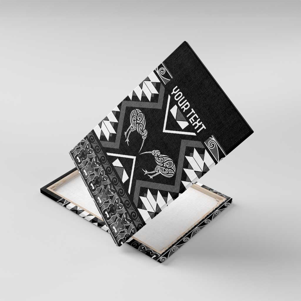 Personalised Taniko Motifs Aotearoa Canvas Wall Art Waitangi Kowhaiwhai Kiwi - Monochrome LT7 With Frame Grey - Polynesian Pride