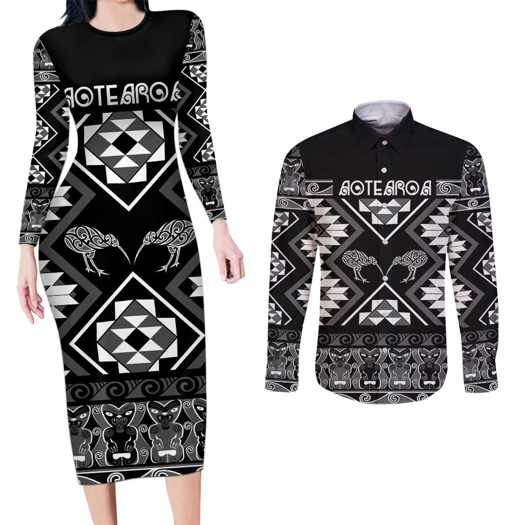 Personalised Taniko Motifs Aotearoa Couples Matching Long Sleeve Bodycon Dress and Long Sleeve Button Shirt Waitangi Kowhaiwhai Kiwi - Monochrome