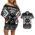 Personalised Taniko Motifs Aotearoa Couples Matching Off Shoulder Short Dress and Hawaiian Shirt Waitangi Kowhaiwhai Kiwi - Monochrome