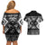 Personalised Taniko Motifs Aotearoa Couples Matching Off Shoulder Short Dress and Hawaiian Shirt Waitangi Kowhaiwhai Kiwi - Monochrome