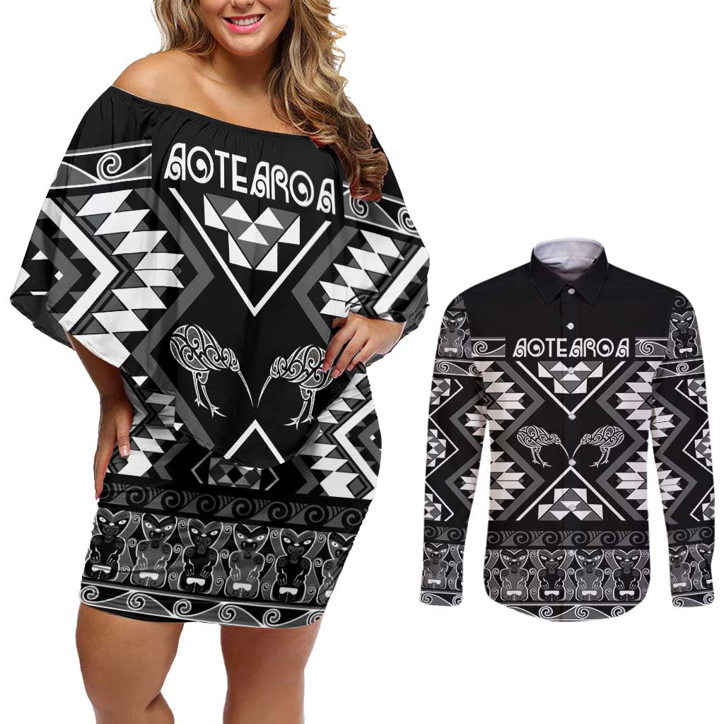 Personalised Taniko Motifs Aotearoa Couples Matching Off Shoulder Short Dress and Long Sleeve Button Shirt Waitangi Kowhaiwhai Kiwi - Monochrome