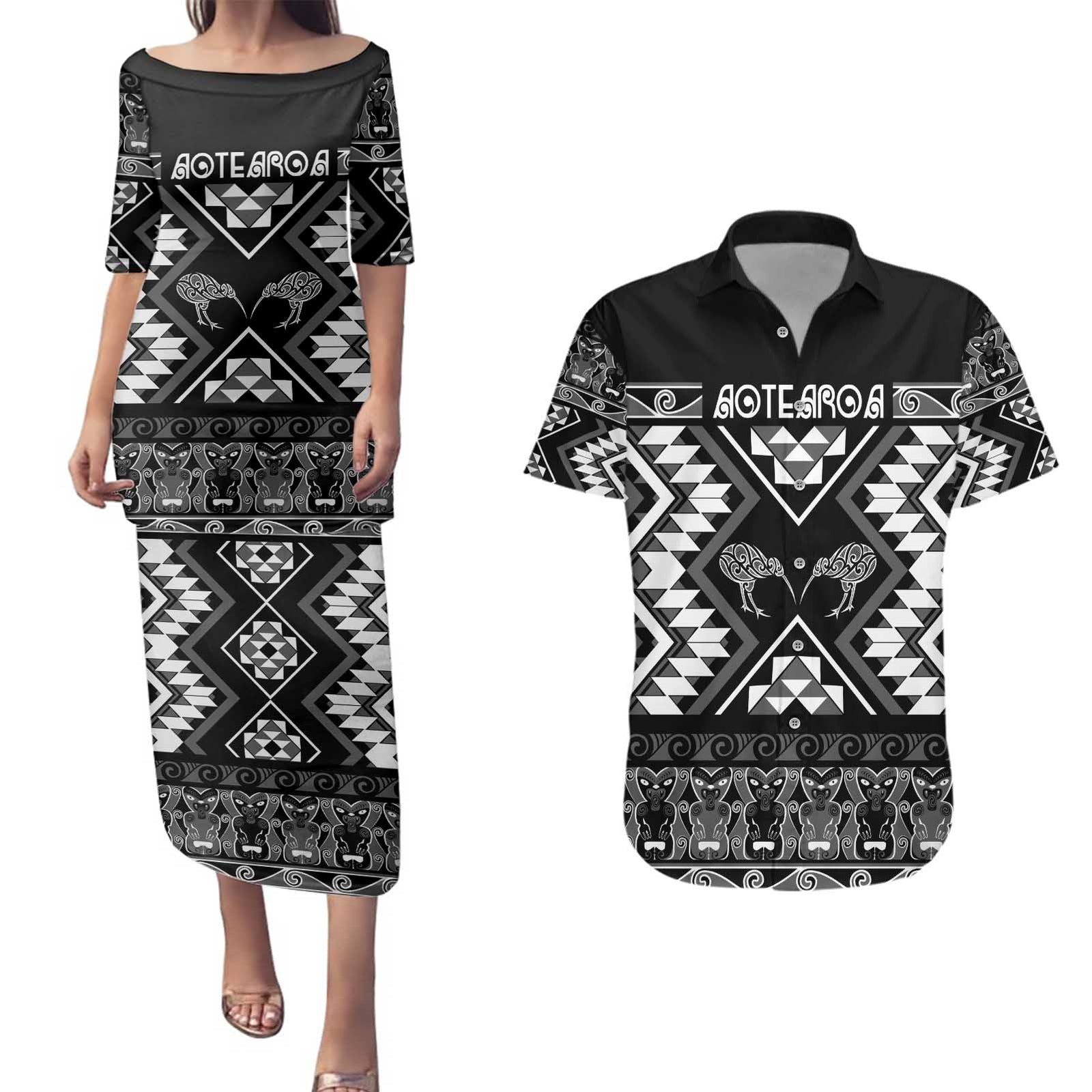 Personalised Taniko Motifs Aotearoa Couples Matching Puletasi and Hawaiian Shirt Waitangi Kowhaiwhai Kiwi - Monochrome LT7 Grey - Polynesian Pride
