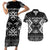 Personalised Taniko Motifs Aotearoa Couples Matching Short Sleeve Bodycon Dress and Hawaiian Shirt Waitangi Kowhaiwhai Kiwi - Monochrome