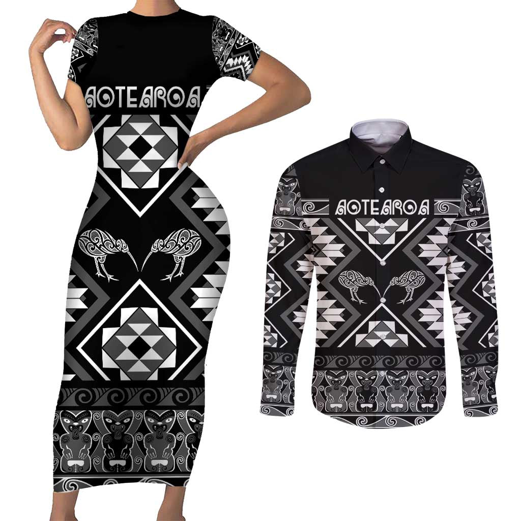 Personalised Taniko Motifs Aotearoa Couples Matching Short Sleeve Bodycon Dress and Long Sleeve Button Shirt Waitangi Kowhaiwhai Kiwi - Monochrome