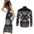 Personalised Taniko Motifs Aotearoa Couples Matching Short Sleeve Bodycon Dress and Long Sleeve Button Shirt Waitangi Kowhaiwhai Kiwi - Monochrome