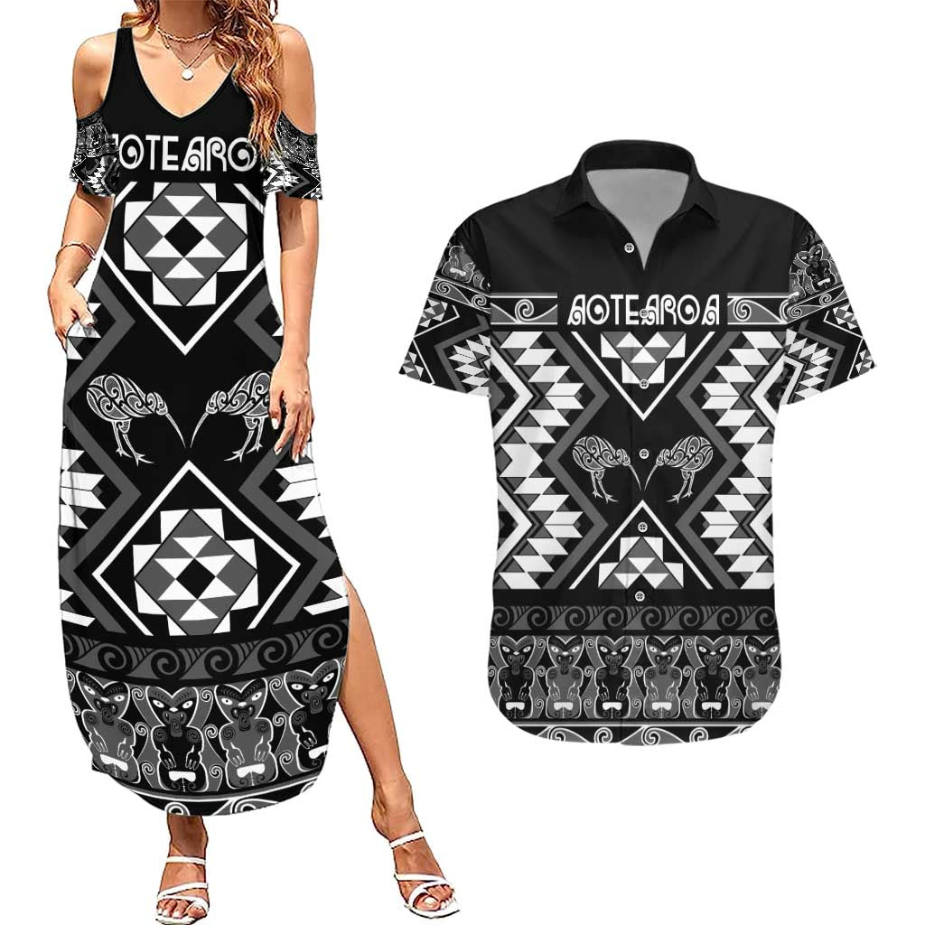 Personalised Taniko Motifs Aotearoa Couples Matching Summer Maxi Dress and Hawaiian Shirt Waitangi Kowhaiwhai Kiwi - Monochrome LT7 Grey - Polynesian Pride