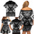 Personalised Taniko Motifs Aotearoa Family Matching Off Shoulder Short Dress and Hawaiian Shirt Waitangi Kowhaiwhai Kiwi - Monochrome