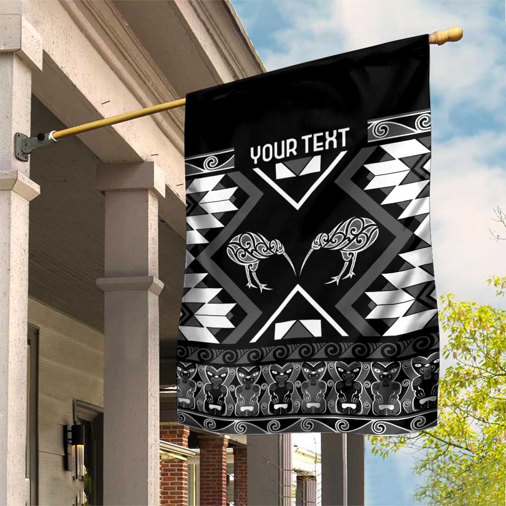 Personalised Taniko Motifs Aotearoa Garden Flag Waitangi Kowhaiwhai Kiwi - Monochrome LT7 House Flag Grey - Polynesian Pride