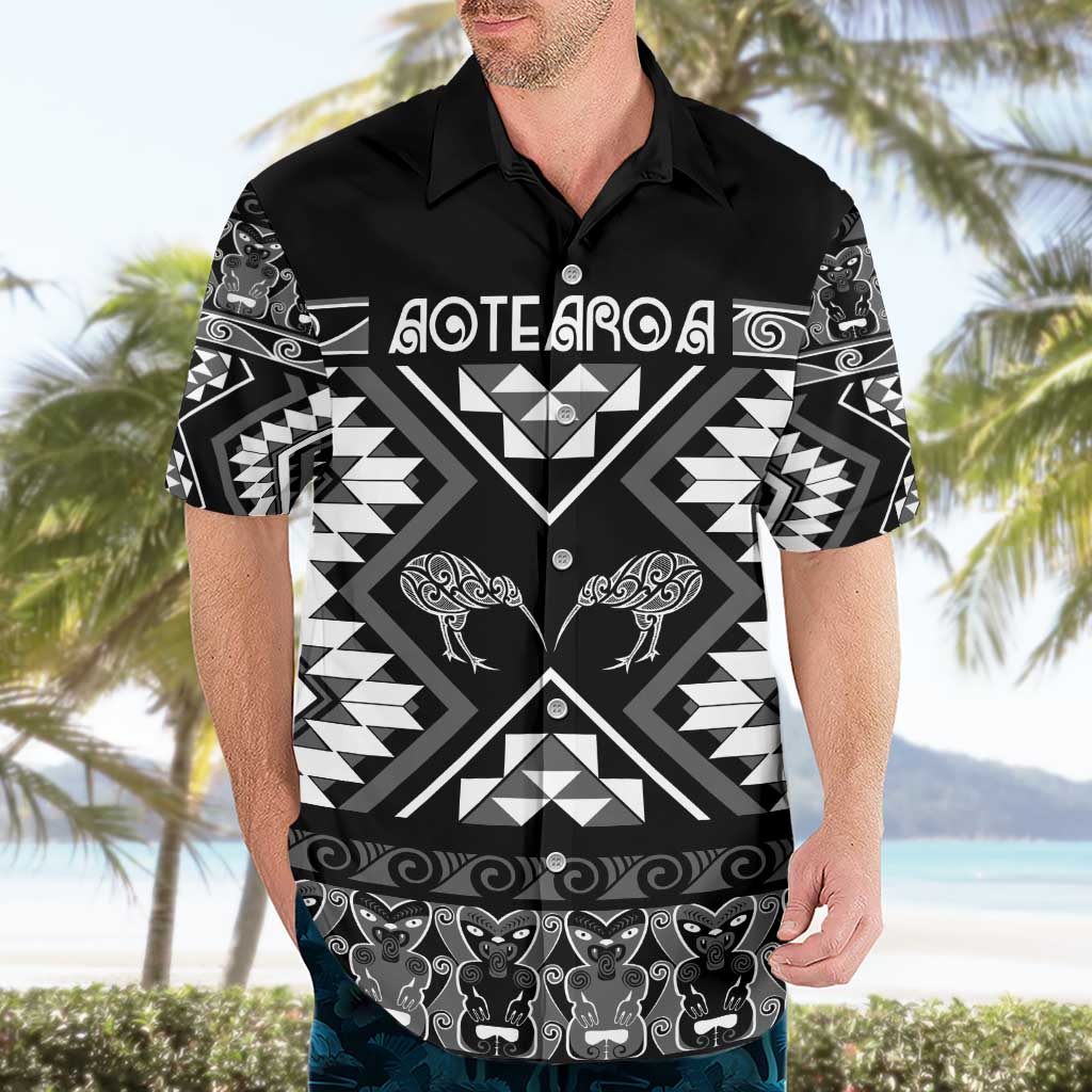 Personalised Taniko Motifs Aotearoa Hawaiian Shirt Waitangi Kowhaiwhai Kiwi - Monochrome LT7 - Polynesian Pride