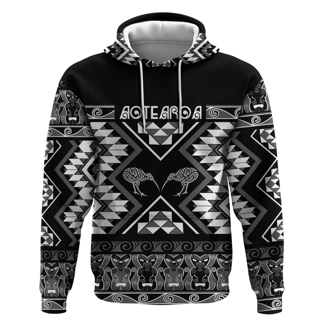 Personalised Taniko Motifs Aotearoa Hoodie Waitangi Kowhaiwhai Kiwi - Monochrome