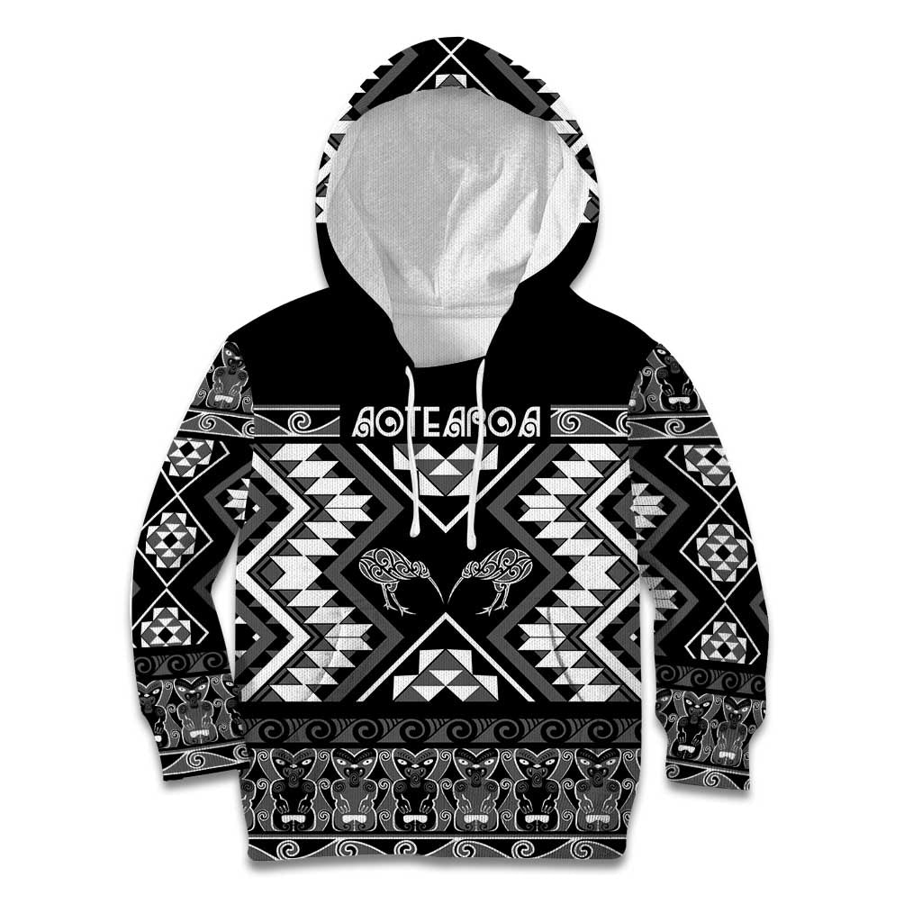 Personalised Taniko Motifs Aotearoa Kid Hoodie Waitangi Kowhaiwhai Kiwi - Monochrome