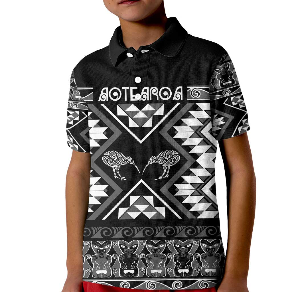 Personalised Taniko Motifs Aotearoa Kid Polo Shirt Waitangi Kowhaiwhai Kiwi - Monochrome