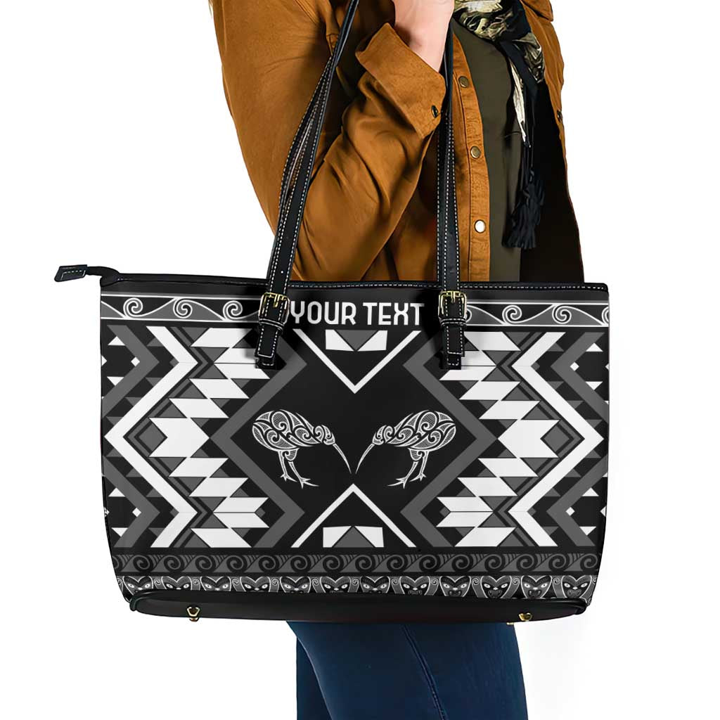 Personalised Taniko Motifs Aotearoa Leather Tote Bag Waitangi Kowhaiwhai Kiwi - Monochrome LT7 - Polynesian Pride
