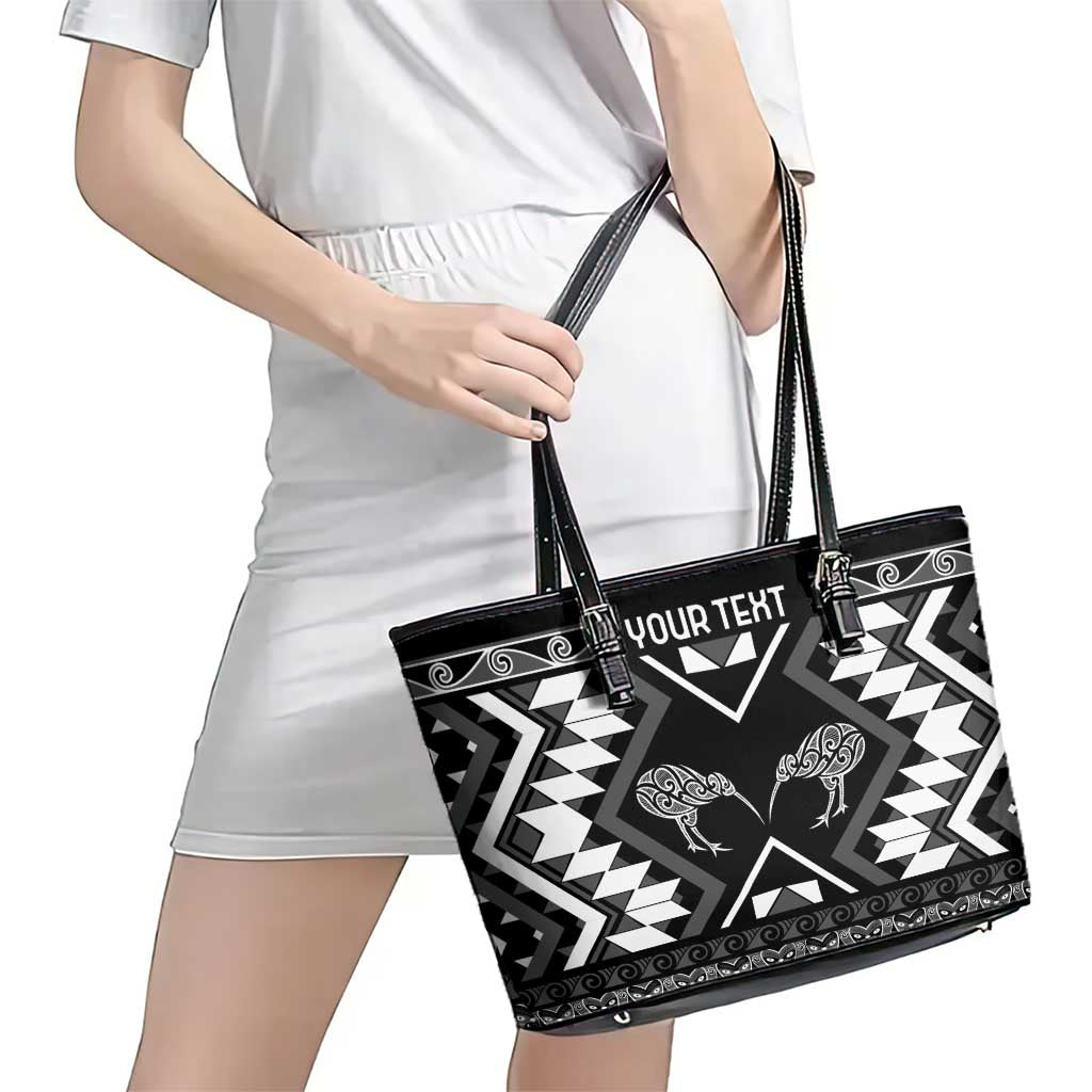 Personalised Taniko Motifs Aotearoa Leather Tote Bag Waitangi Kowhaiwhai Kiwi - Monochrome LT7 - Polynesian Pride