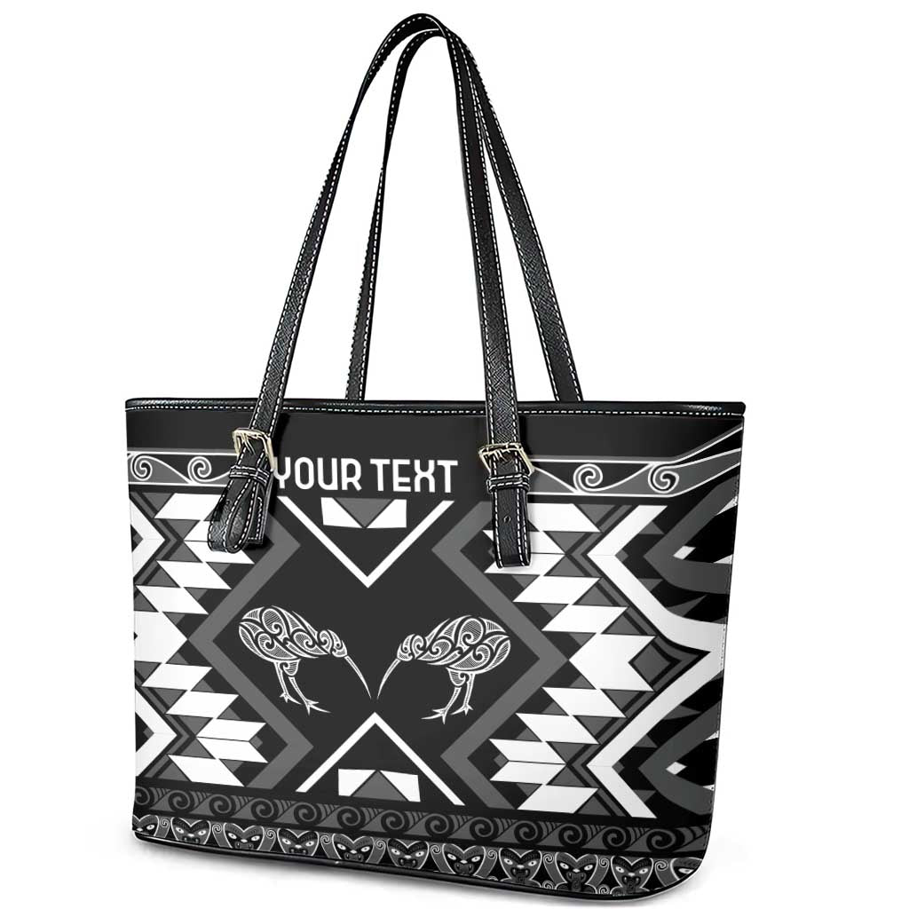 Personalised Taniko Motifs Aotearoa Leather Tote Bag Waitangi Kowhaiwhai Kiwi - Monochrome LT7 - Polynesian Pride