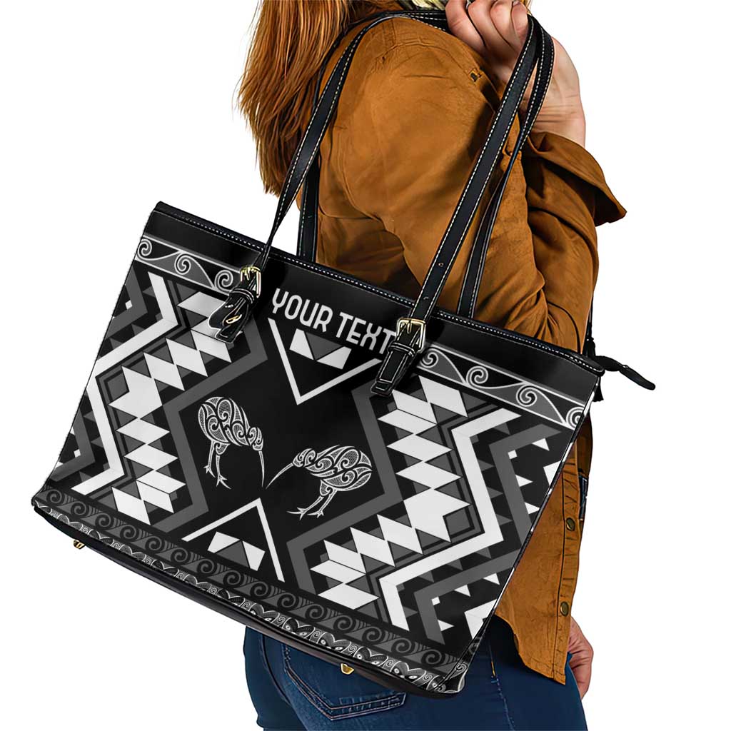 Personalised Taniko Motifs Aotearoa Leather Tote Bag Waitangi Kowhaiwhai Kiwi - Monochrome LT7 - Polynesian Pride