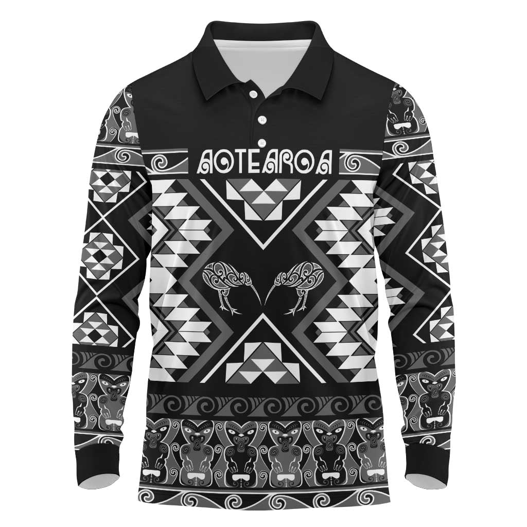 Personalised Taniko Motifs Aotearoa Long Sleeve Polo Shirt Waitangi Kowhaiwhai Kiwi - Monochrome