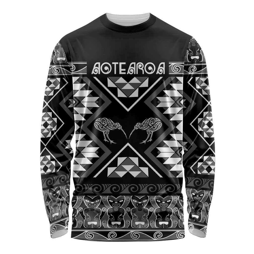 Personalised Taniko Motifs Aotearoa Long Sleeve Shirt Waitangi Kowhaiwhai Kiwi - Monochrome