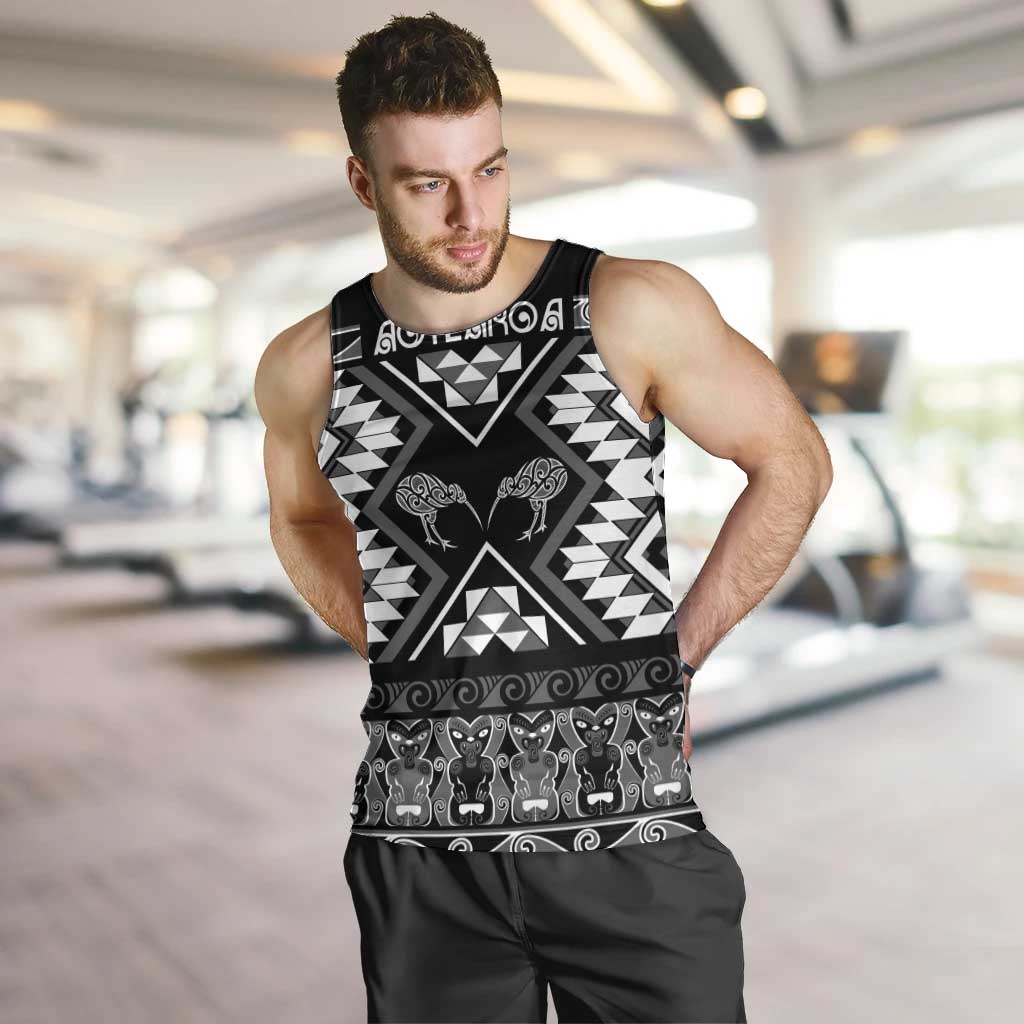 Personalised Taniko Motifs Aotearoa Men Tank Top Waitangi Kowhaiwhai Kiwi - Monochrome