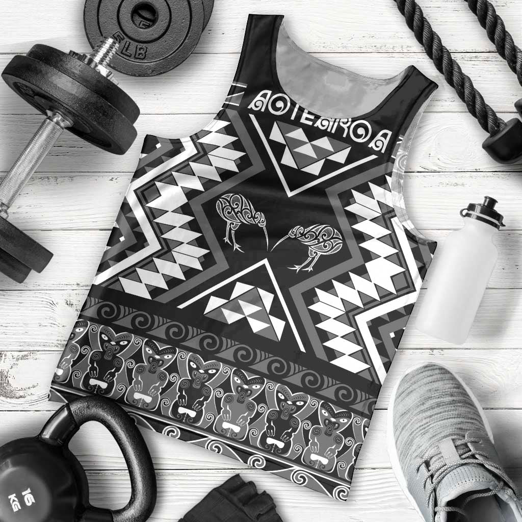 Personalised Taniko Motifs Aotearoa Men Tank Top Waitangi Kowhaiwhai Kiwi - Monochrome LT7 - Polynesian Pride