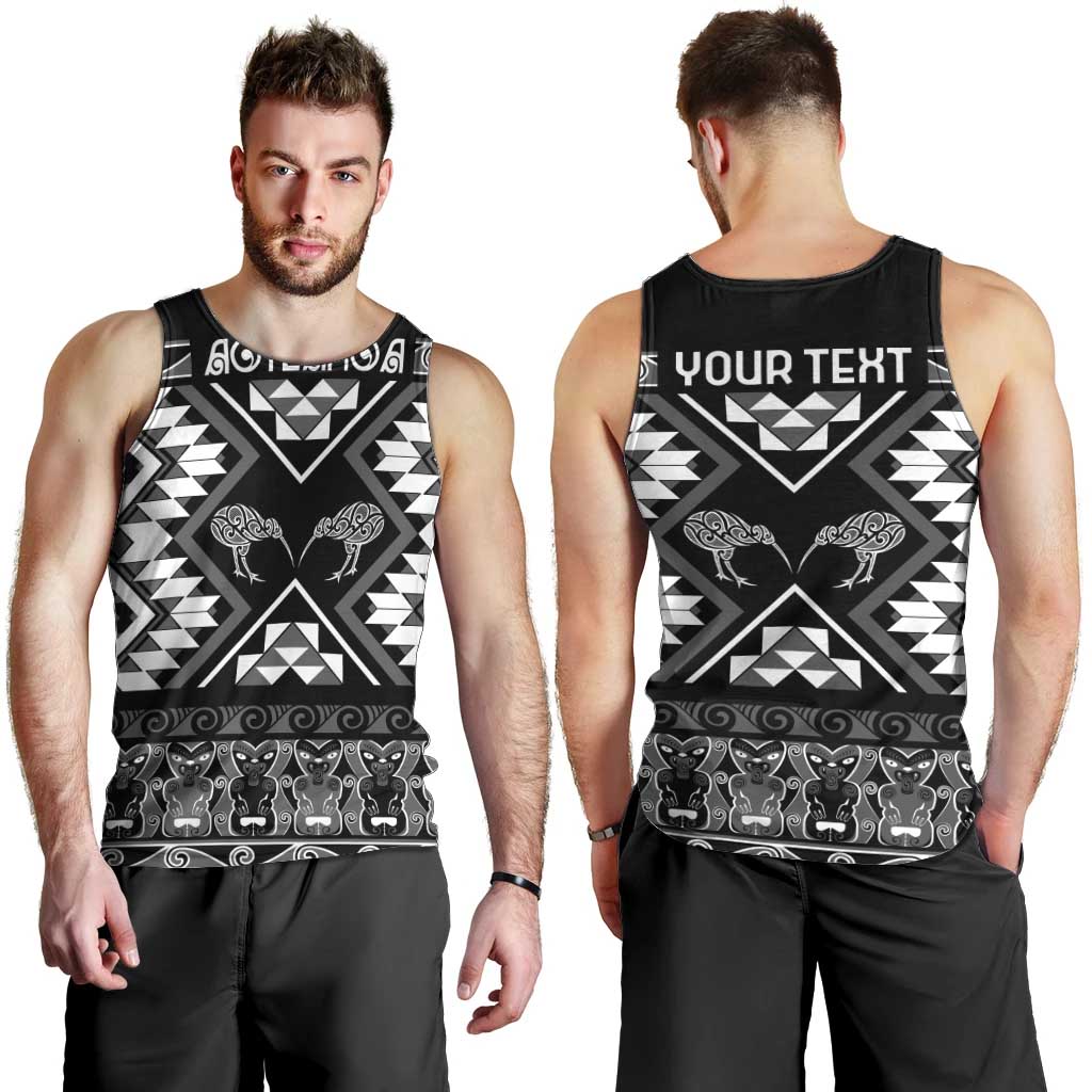 Personalised Taniko Motifs Aotearoa Men Tank Top Waitangi Kowhaiwhai Kiwi - Monochrome LT7 - Polynesian Pride