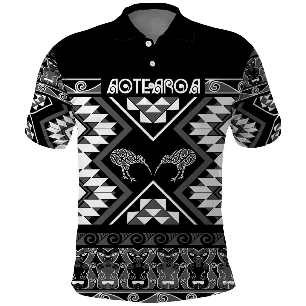 Personalised Taniko Motifs Aotearoa Polo Shirt Waitangi Kowhaiwhai Kiwi - Monochrome