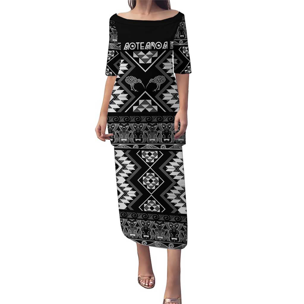 Personalised Taniko Motifs Aotearoa Puletasi Waitangi Kowhaiwhai Kiwi - Monochrome