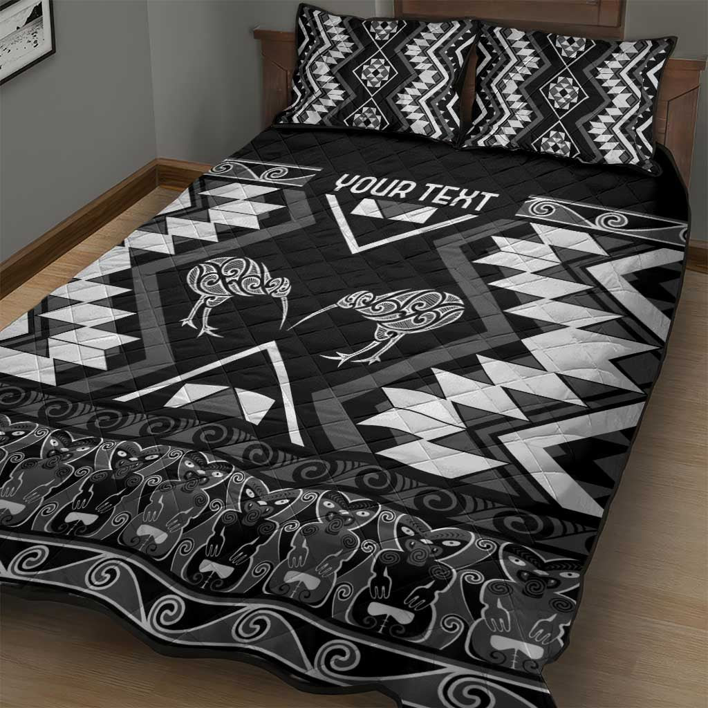 Personalised Taniko Motifs Aotearoa Quilt Bed Set Waitangi Kowhaiwhai Kiwi - Monochrome LT7 - Polynesian Pride