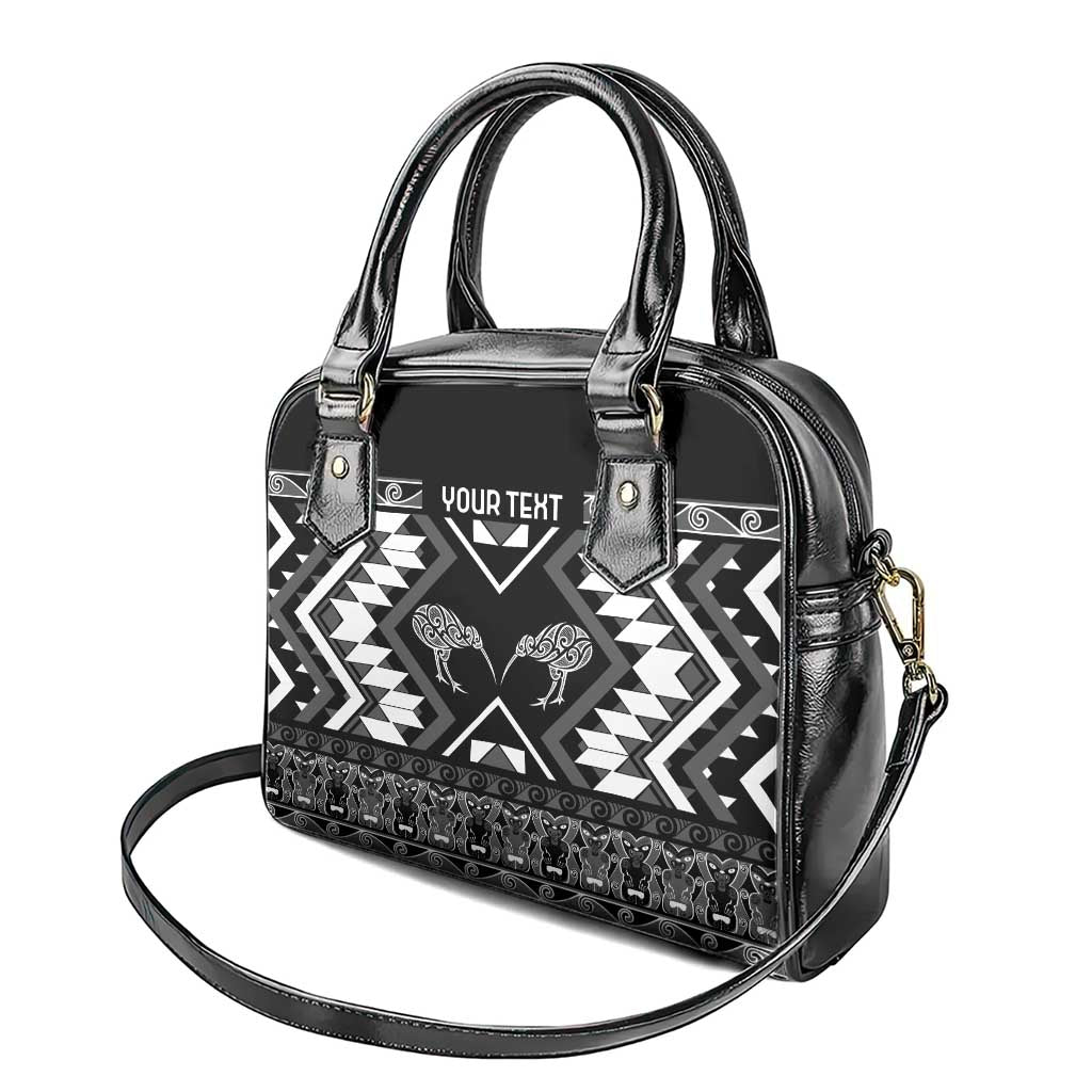 Personalised Taniko Motifs Aotearoa Shoulder Handbag Waitangi Kowhaiwhai Kiwi - Monochrome