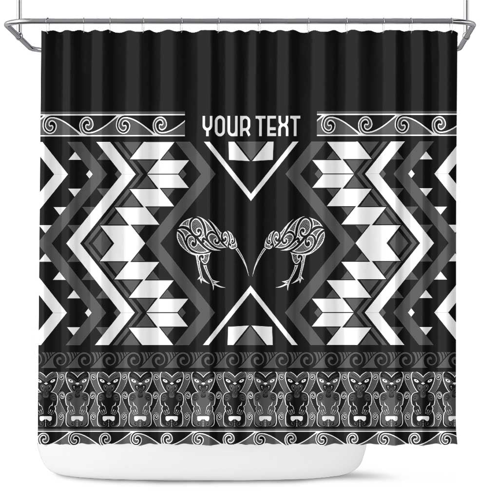 Personalised Taniko Motifs Aotearoa Shower Curtain Waitangi Kowhaiwhai Kiwi - Monochrome